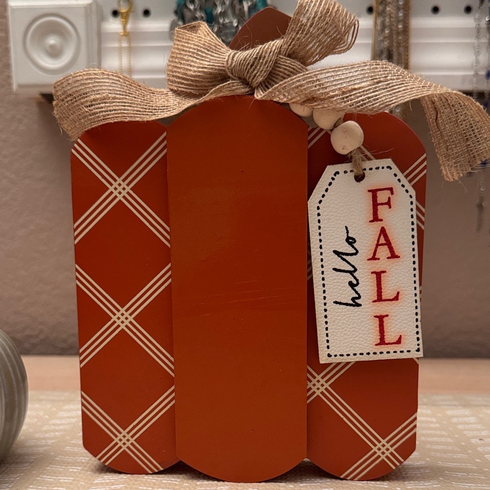 Autumn Comforts Rustic Orange Plaid Wooden Pumpkin Decor